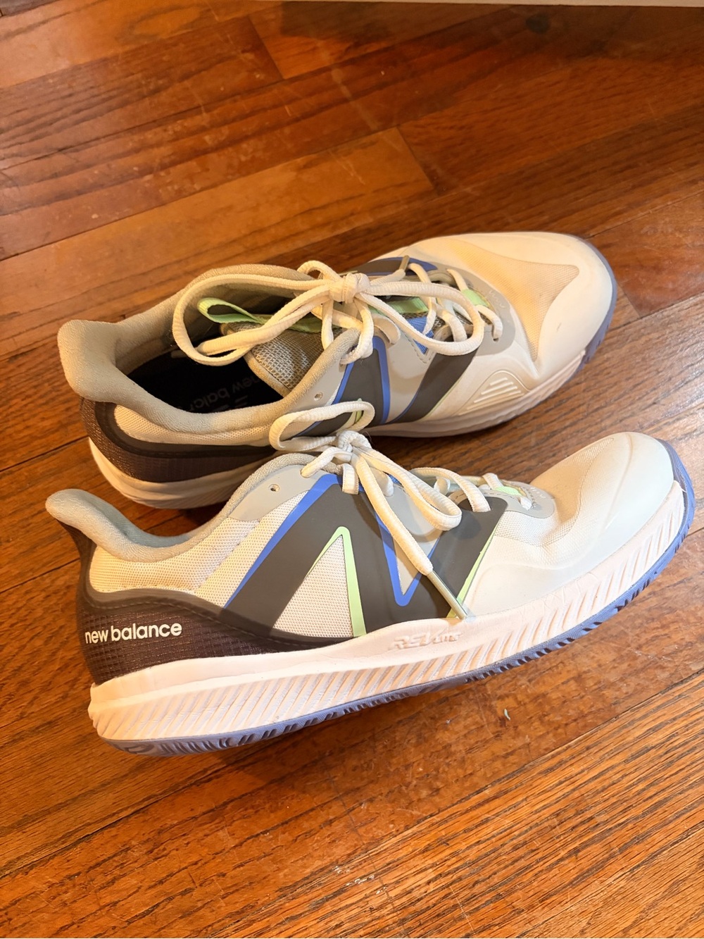 New Balance White Athletic Shoes with Gray, Blue and Lime Accents